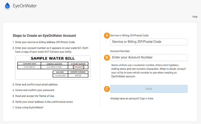 Eye on water signup screen